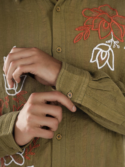 Green Embroidered Cotton Shirt