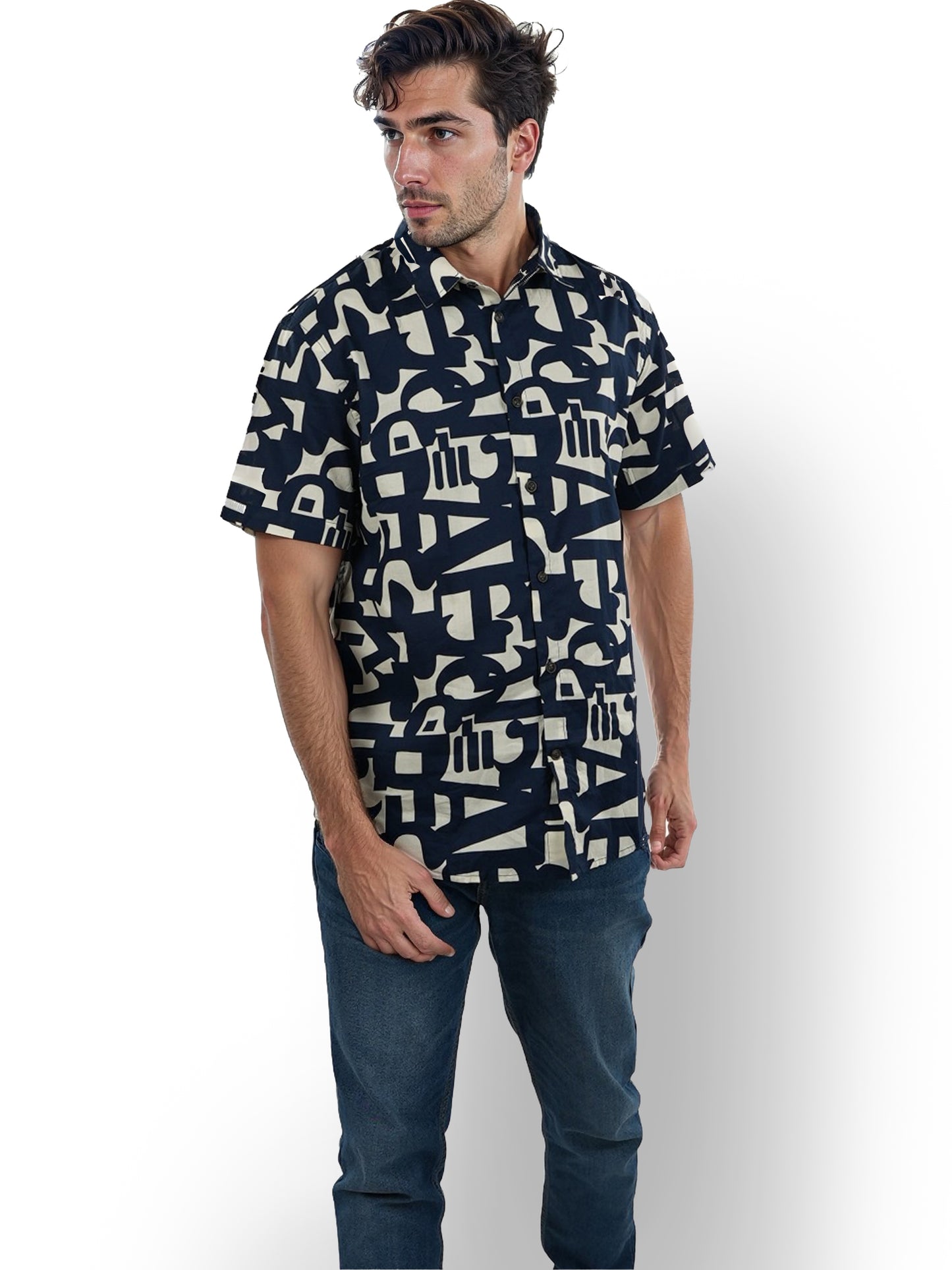 Navy Blue Printed Cotton Shirt