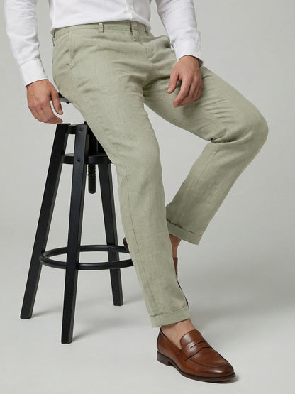 Celio Mens Green Solid Straight Fit Linen Casual Trouser