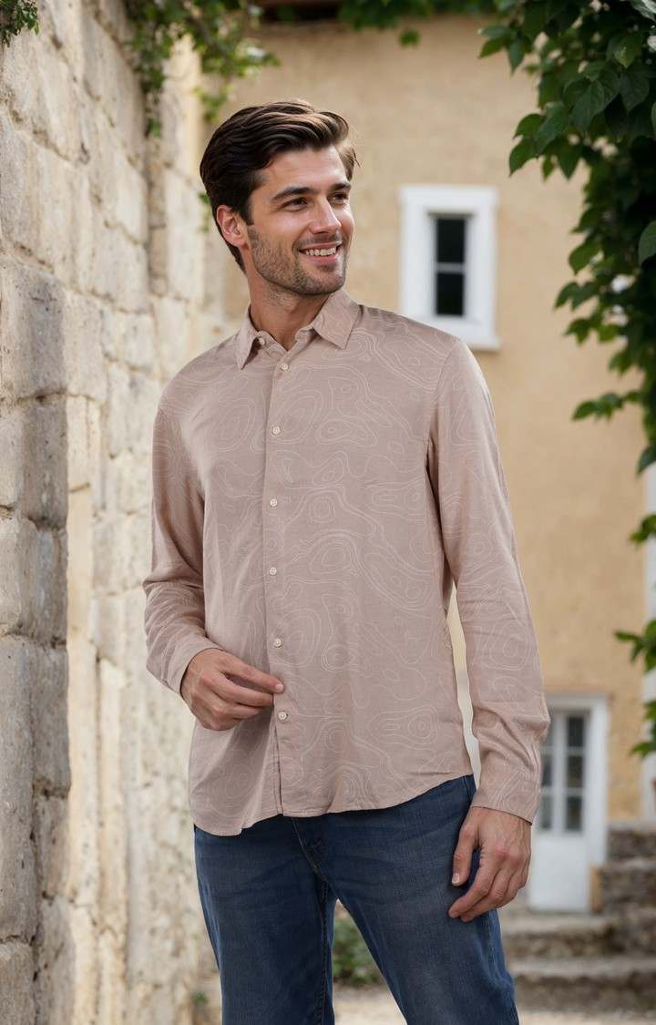 Celio* Printed Regular Fit Linen Pink Shirt