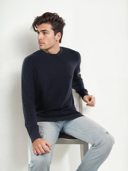 Navy Blue Solid Cotton Sweater