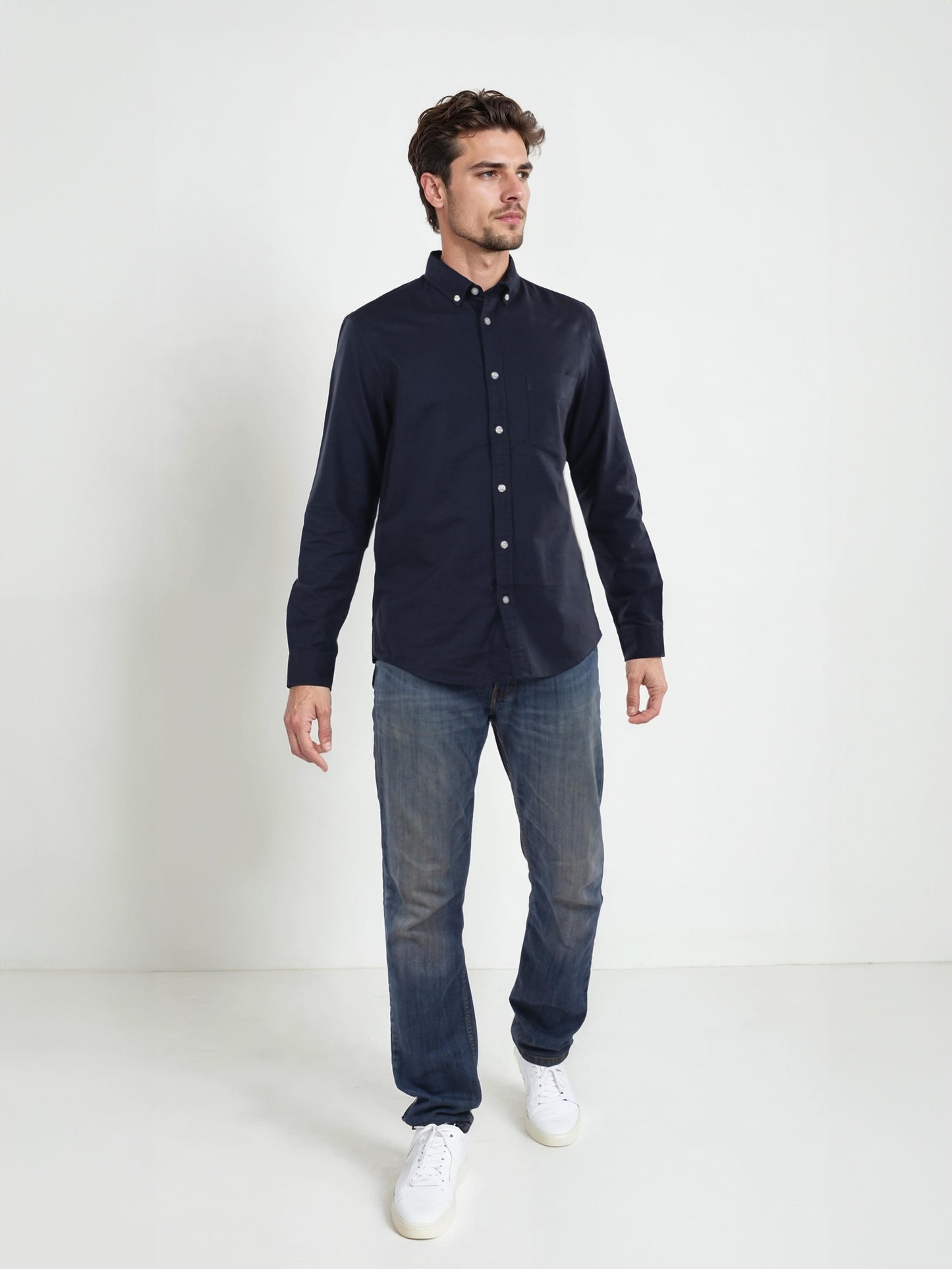 Navy Blue Solid Cotton Shirt