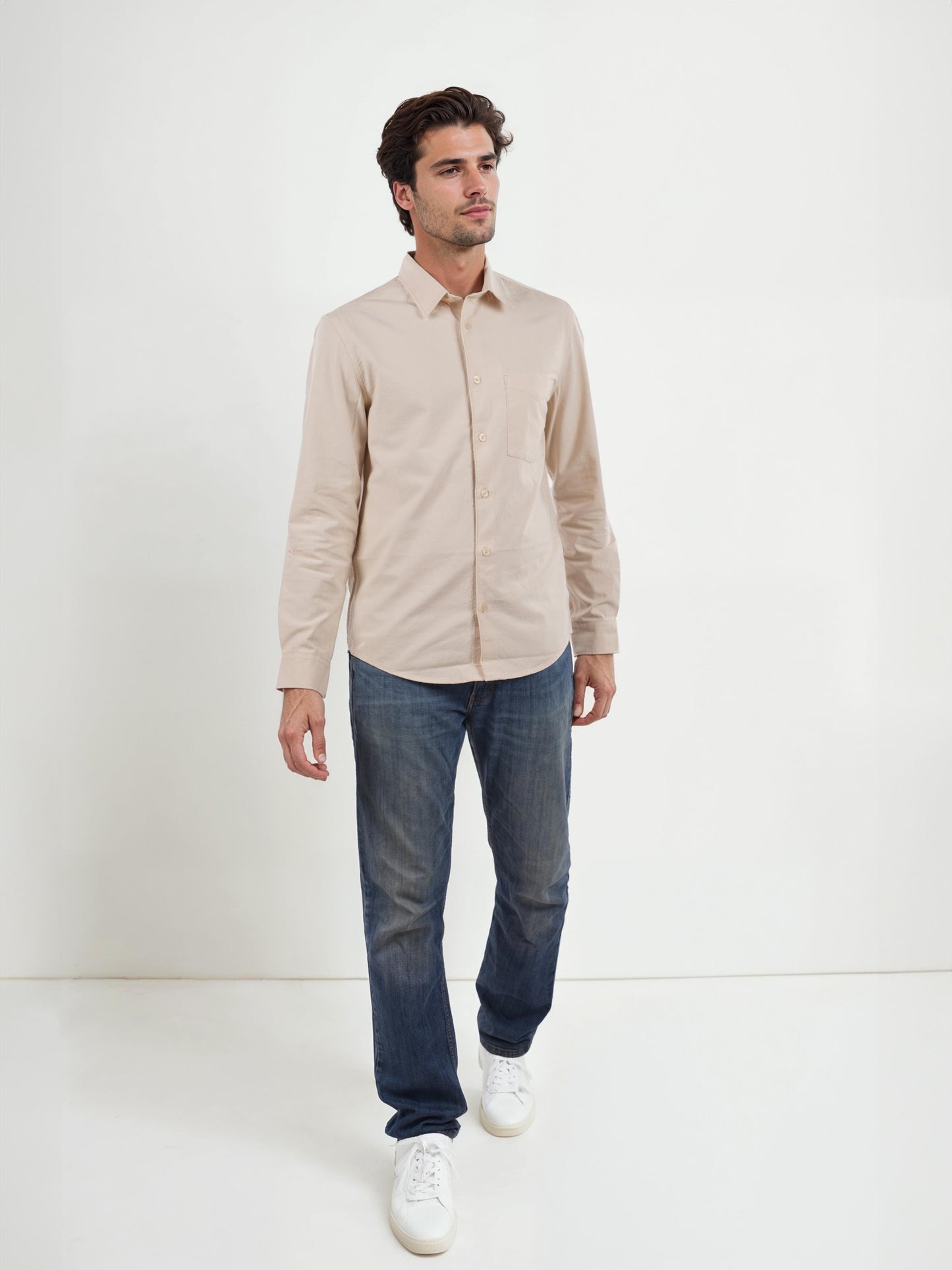 Beige Solid Cotton Shirt