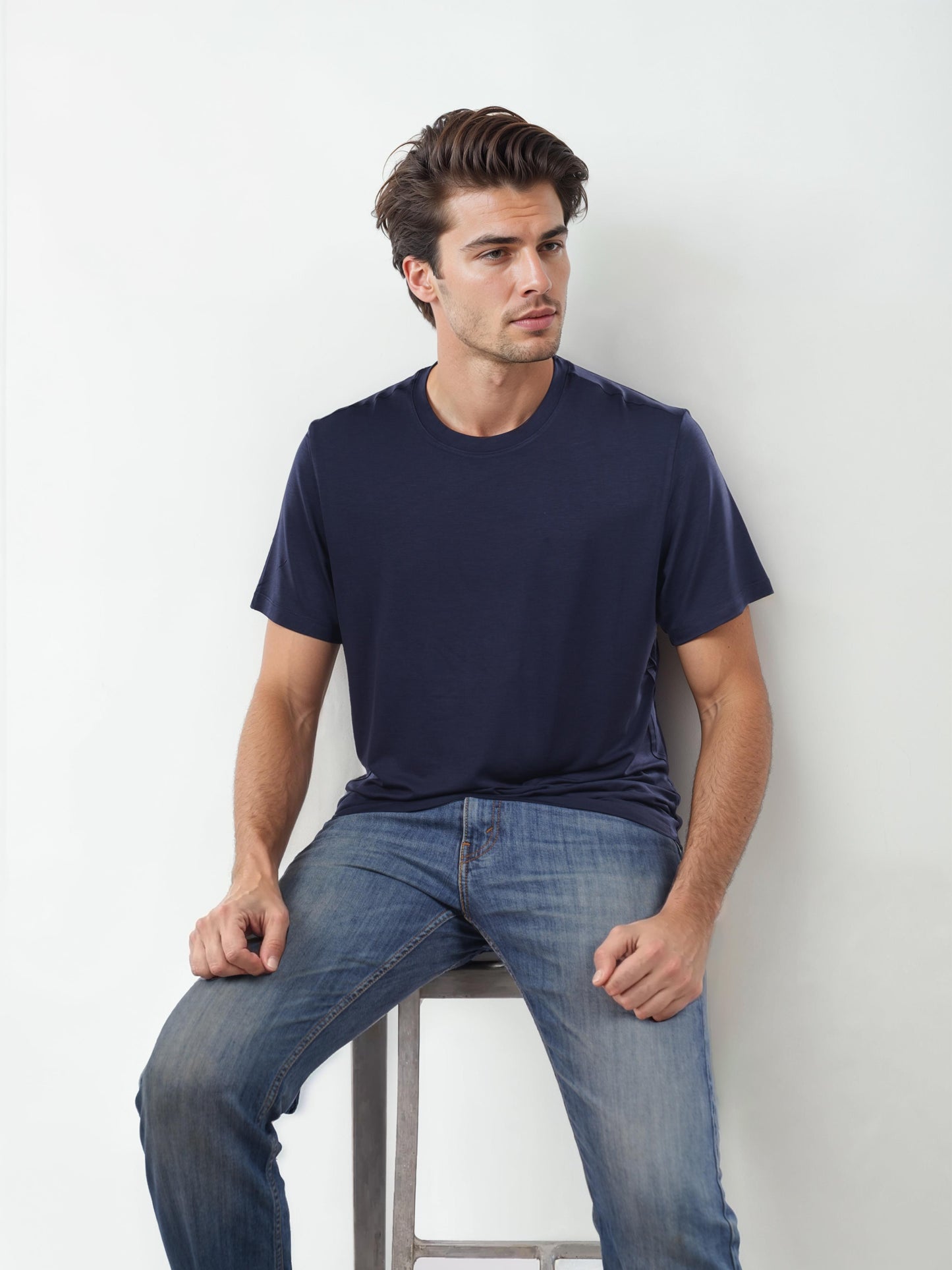 Navy Blue Solid Cotton T-shirt