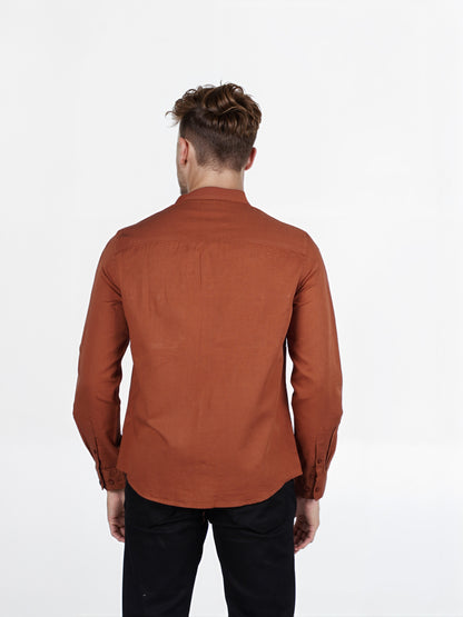 Celio* Solid Regular Fit Cotton-Linen Orange Shirt