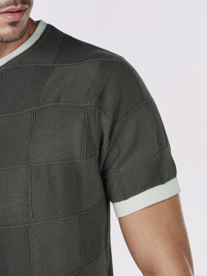 Celio* Men Olive Checked Regular Fit Cotton T-Shirts