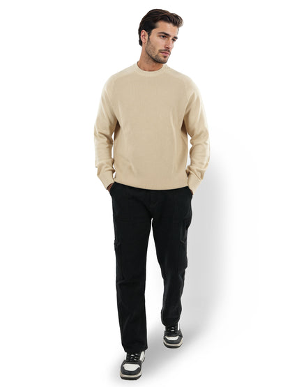 Beige Solid Cotton Sweater