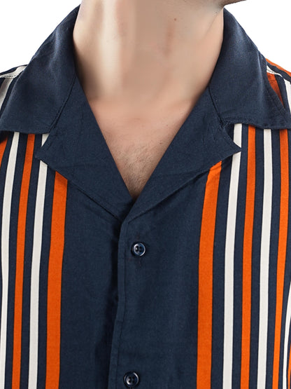 Navy Blue Striped Viscose Shirt