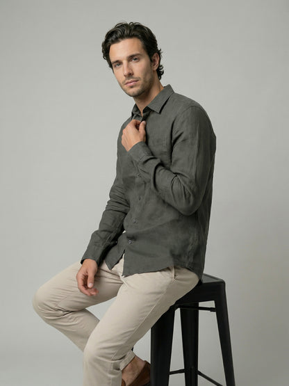 Celio Mens Khaki Solid Regular Fit Linen Shirts