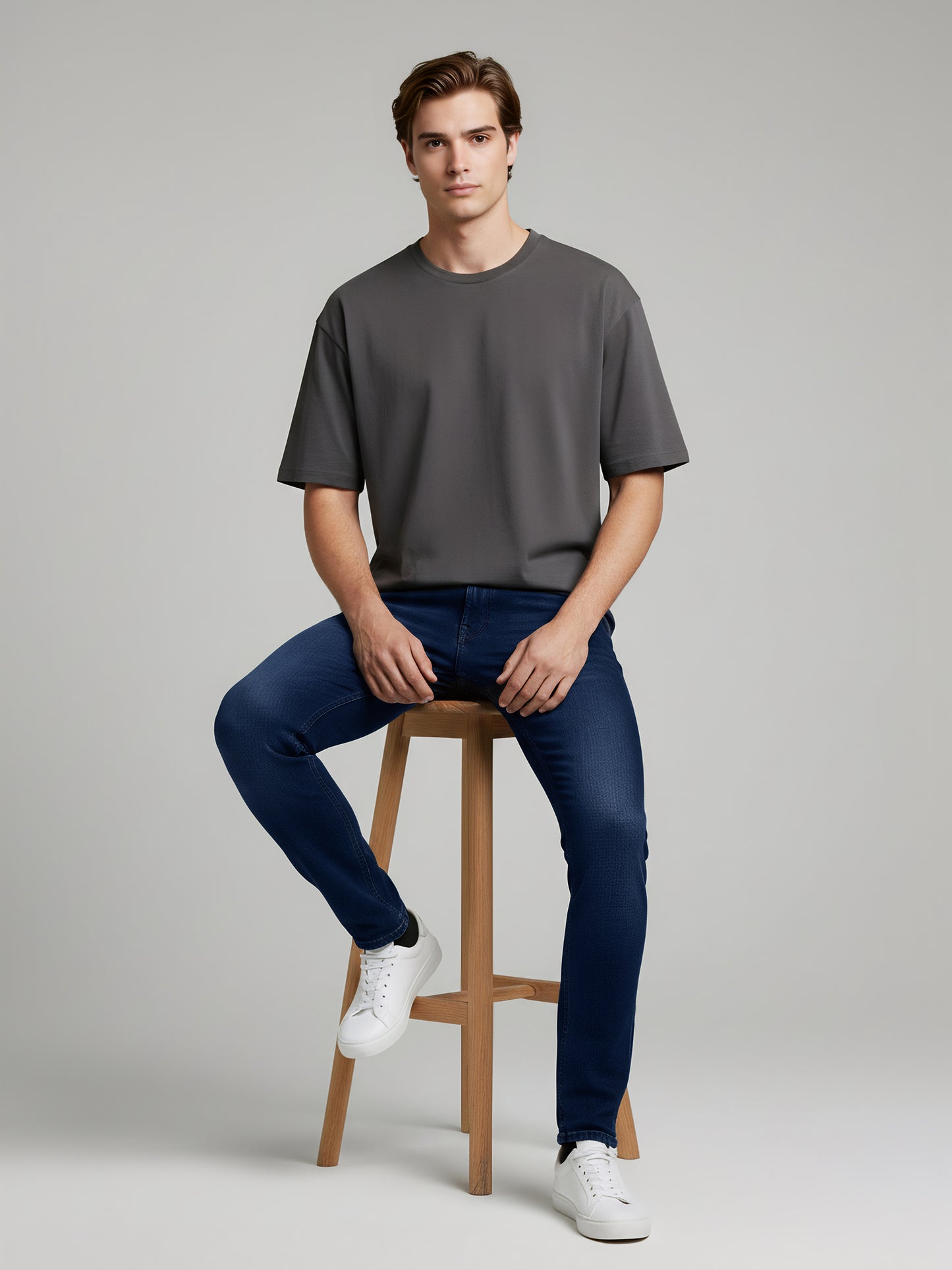 Celio Mens Blue Knit | Dobby Slim Fit Cotton Jeans