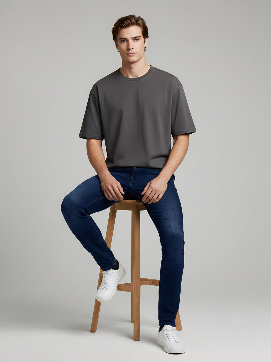 Celio Mens Blue Knit | Dobby Slim Fit Cotton Jeans