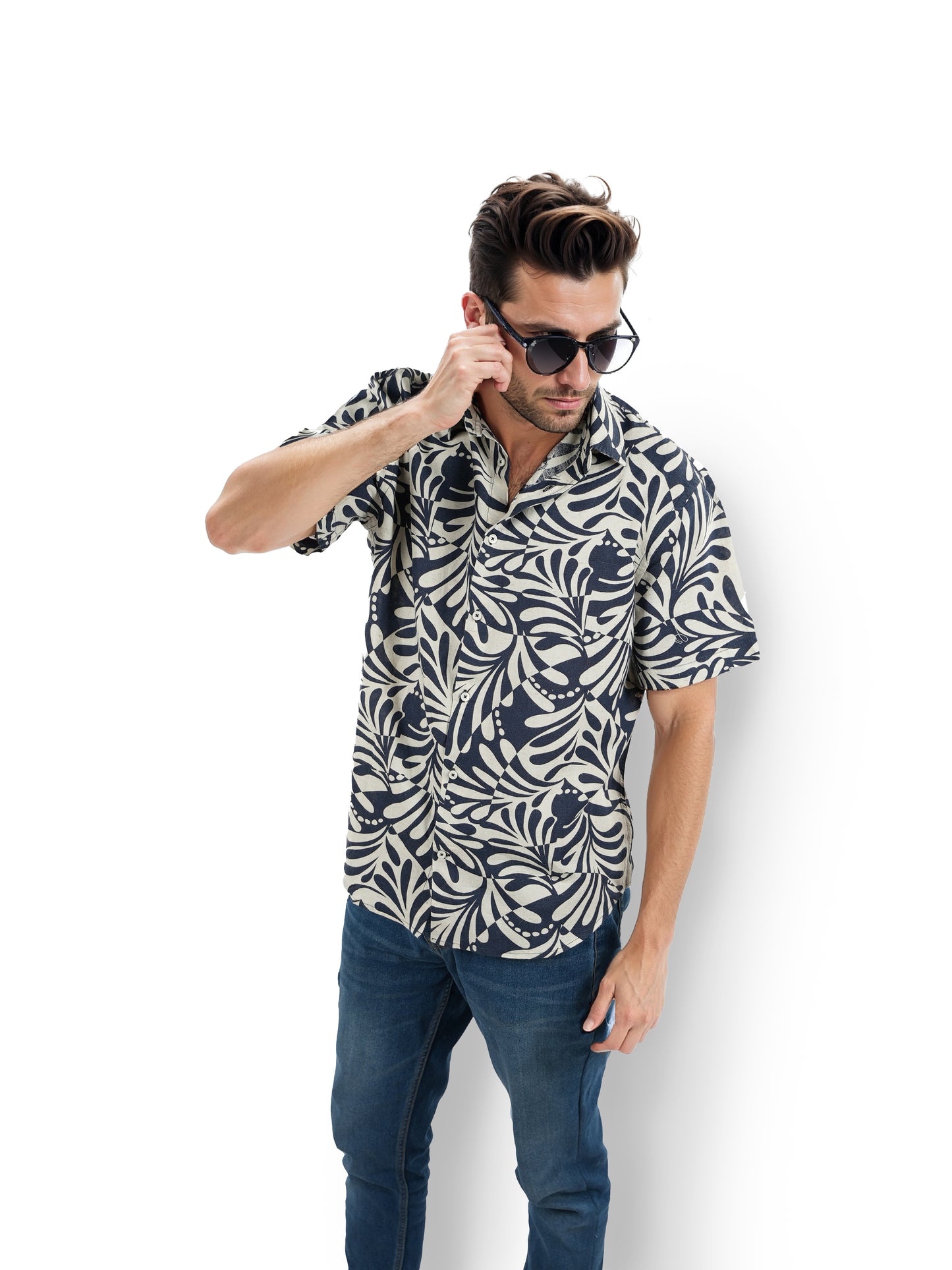 Navy Blue Printed Viscose Shirt