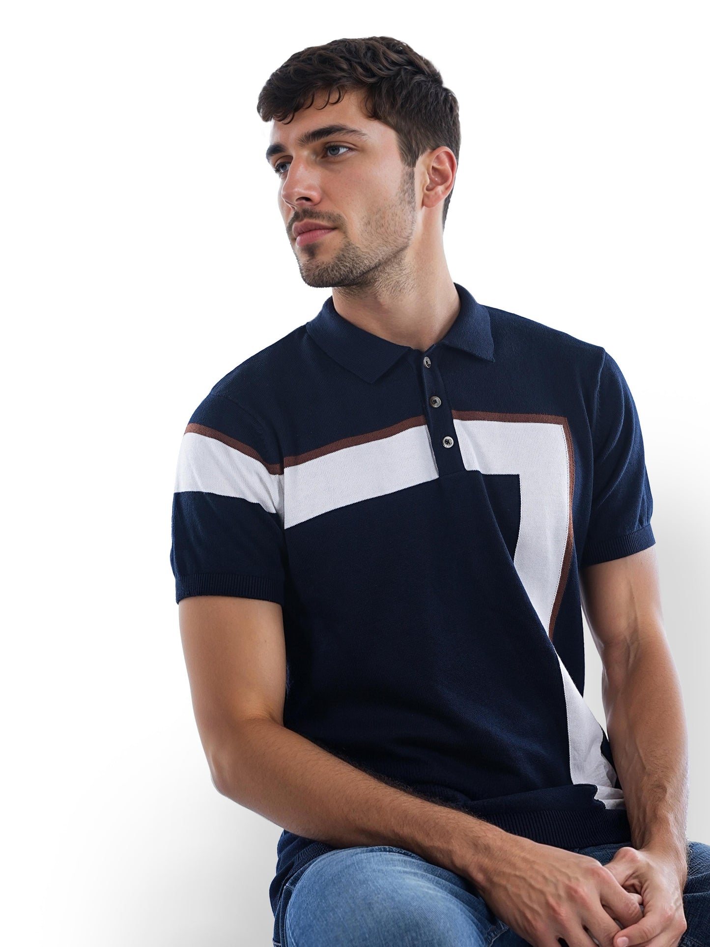 Navy Blue Colourblock Cotton Polo