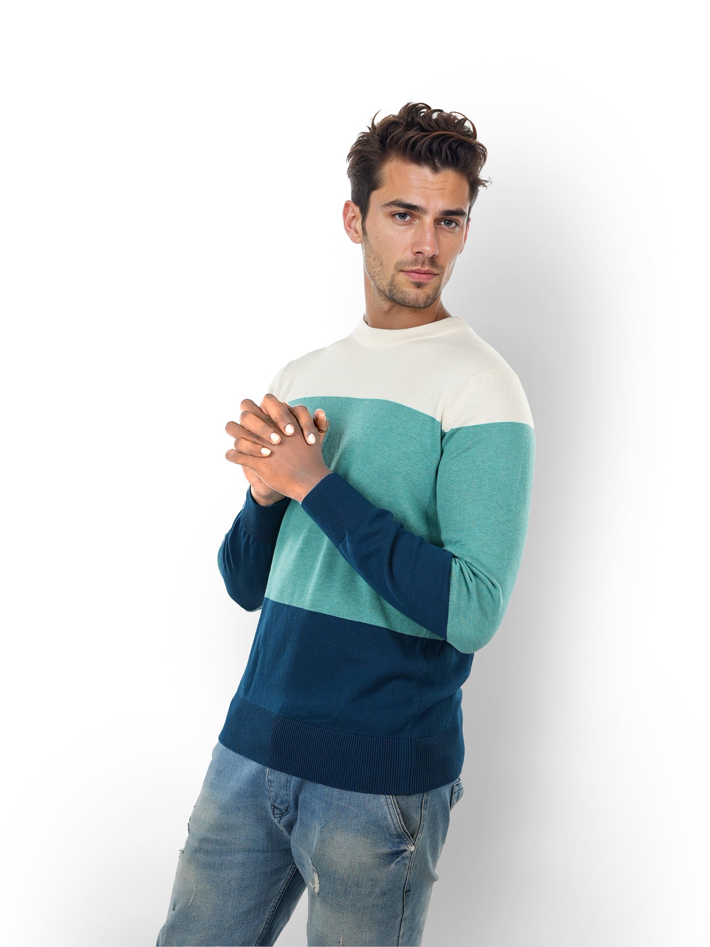 Green Colourblock Cotton Sweater