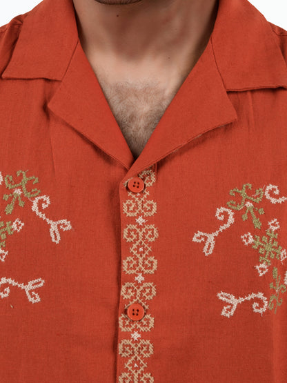 Red Embroidered Linen Shirt