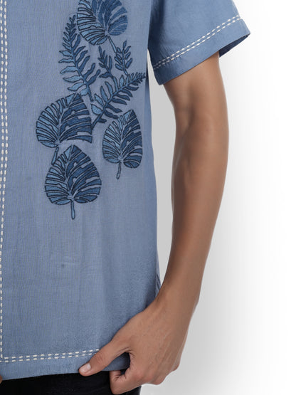 Blue Embroidered Cotton Shirt