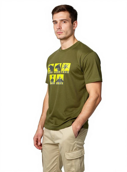 Celio* Men Olive Printed Oversized Cotton Kaiju T-Shirt