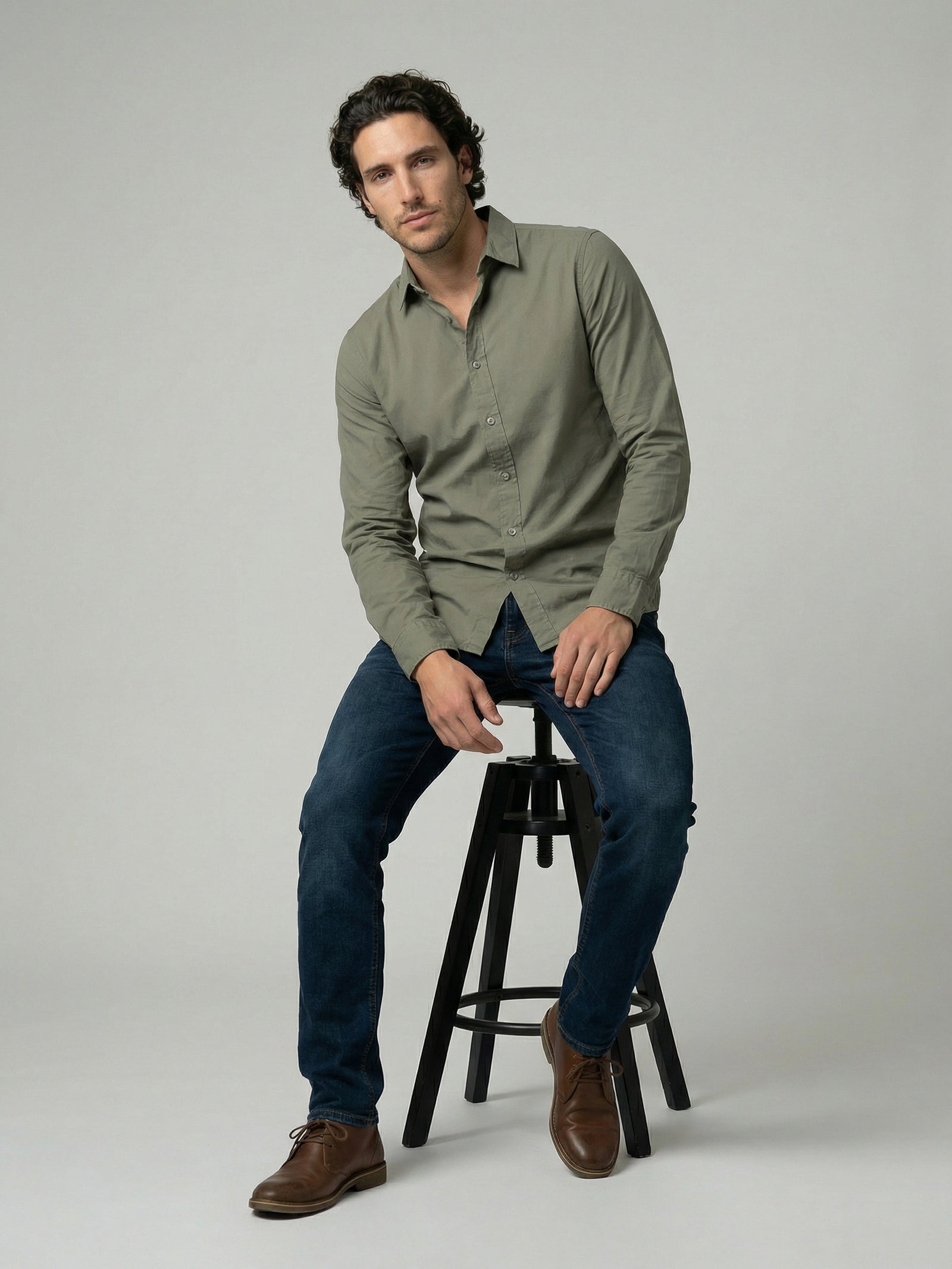 Celio Mens Olive Solid Regular Fit Cotton Shirts