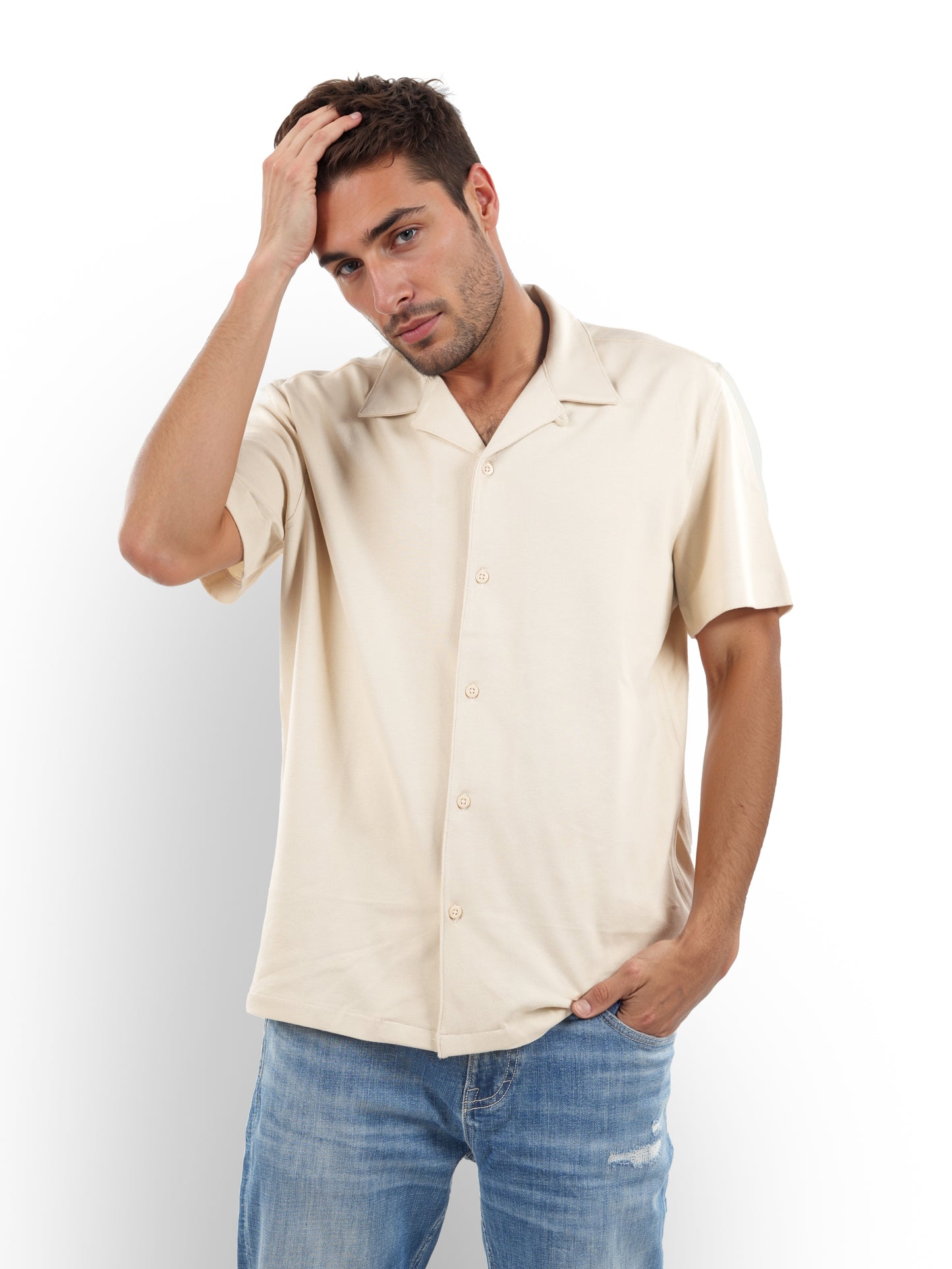 Beige Solid Cotton Shirt