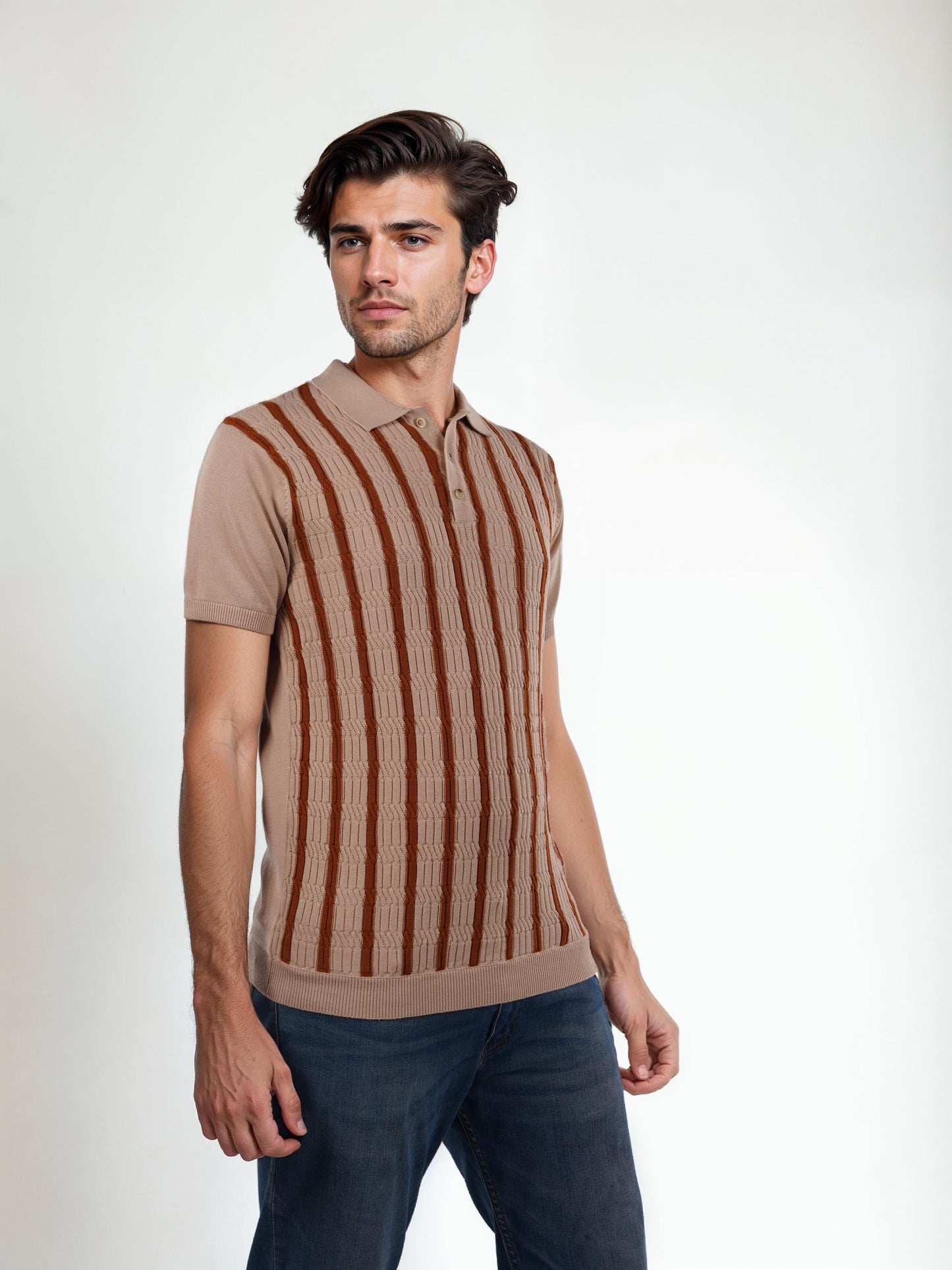 Brown Striped Cotton Polo