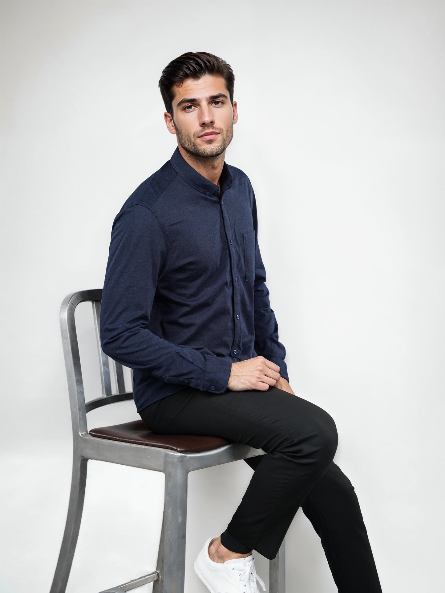 Navy Blue Solid Cotton Shirt