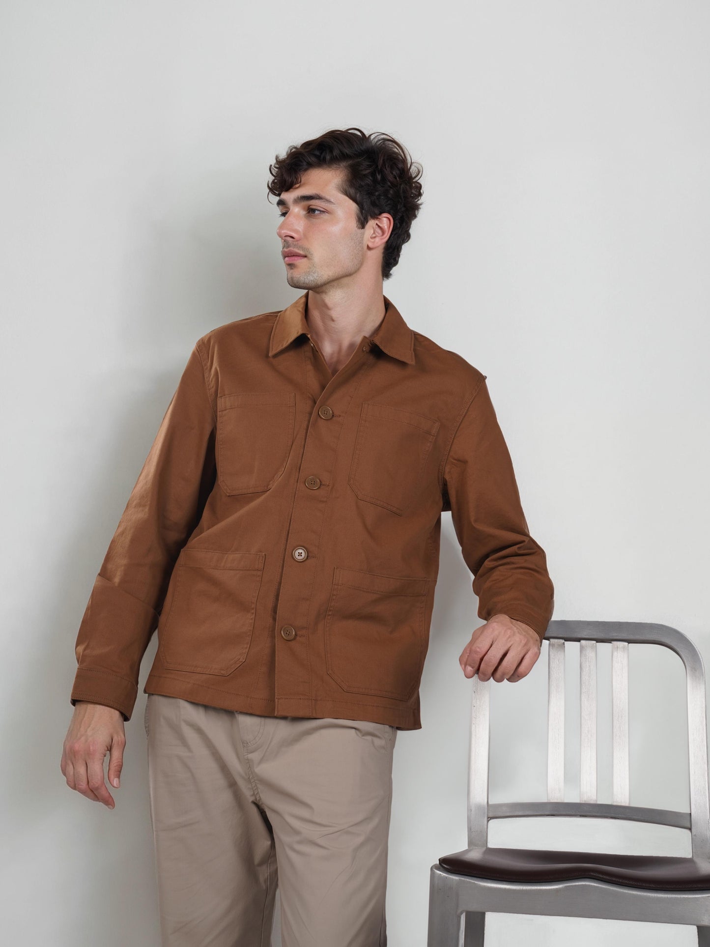 Brown Solid Cotton Jacket