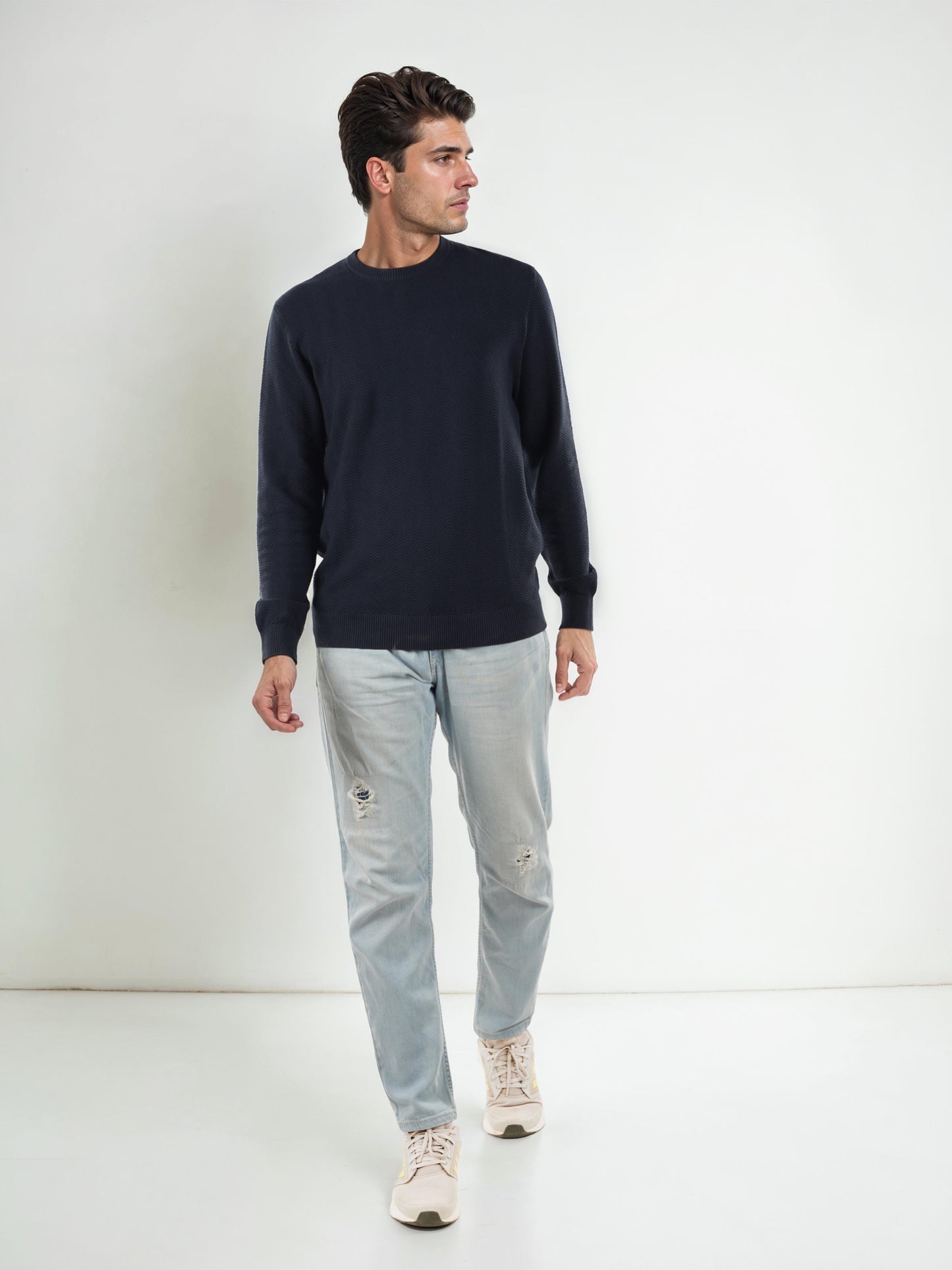 Navy Blue Solid Cotton Sweater