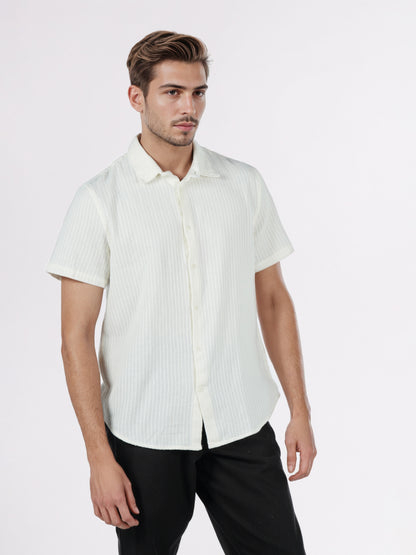 Celio* Men White Striped Regular Fit Cotton Shirts