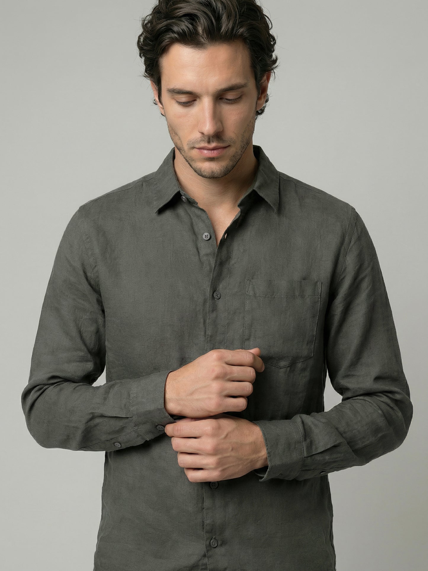 Celio Mens Khaki Solid Regular Fit Linen Shirts