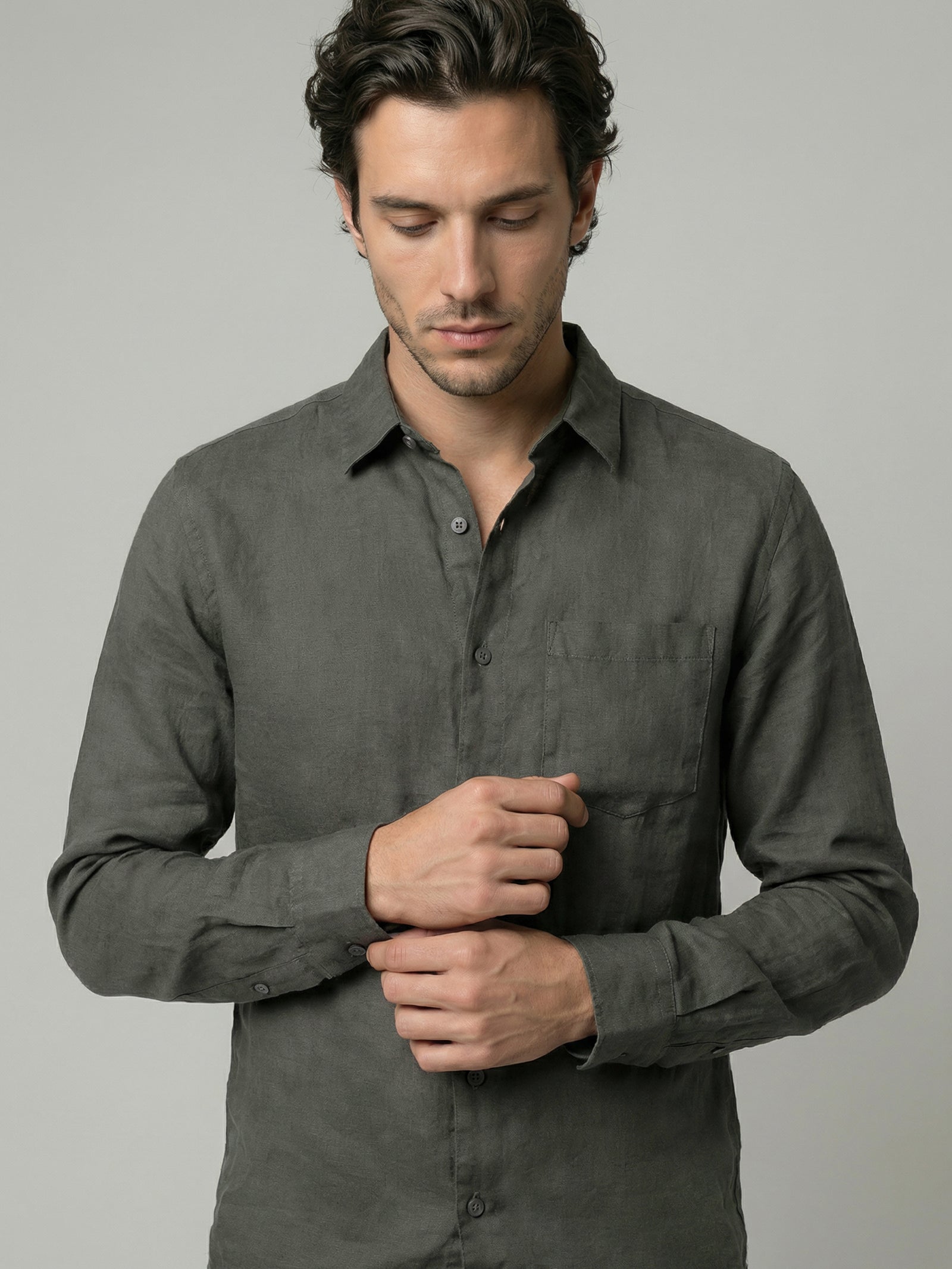 Celio Mens Khaki Solid Regular Fit Linen Shirts