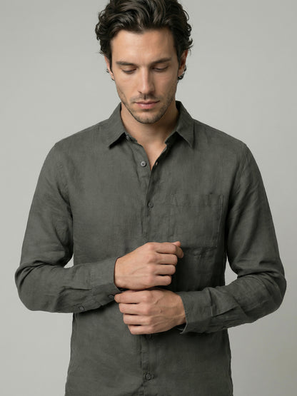 Celio Mens Khaki Solid Regular Fit Linen Shirts