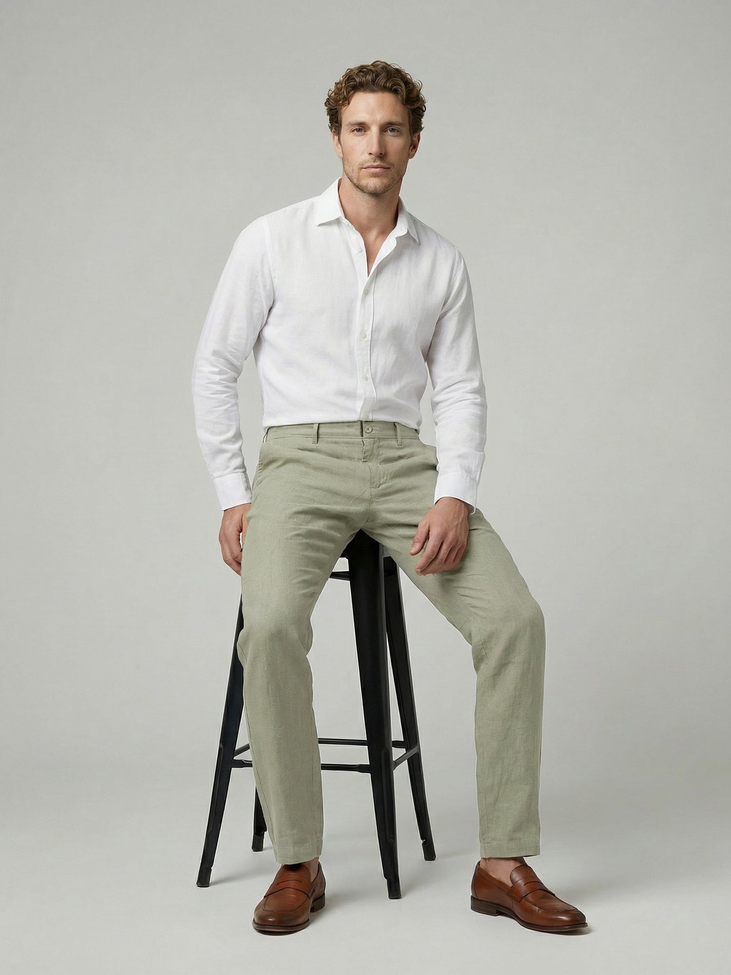 Celio Mens Green Solid Straight Fit Linen Casual Trouser