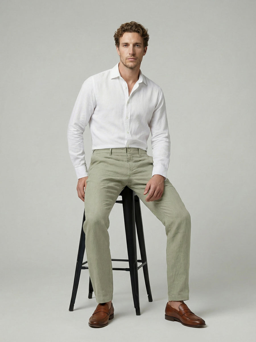 Celio Mens Green Solid Straight Fit Linen Casual Trouser