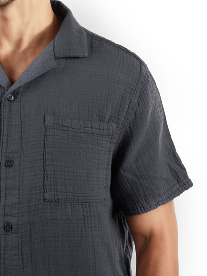 Navy Blue Solid Cotton Shirt