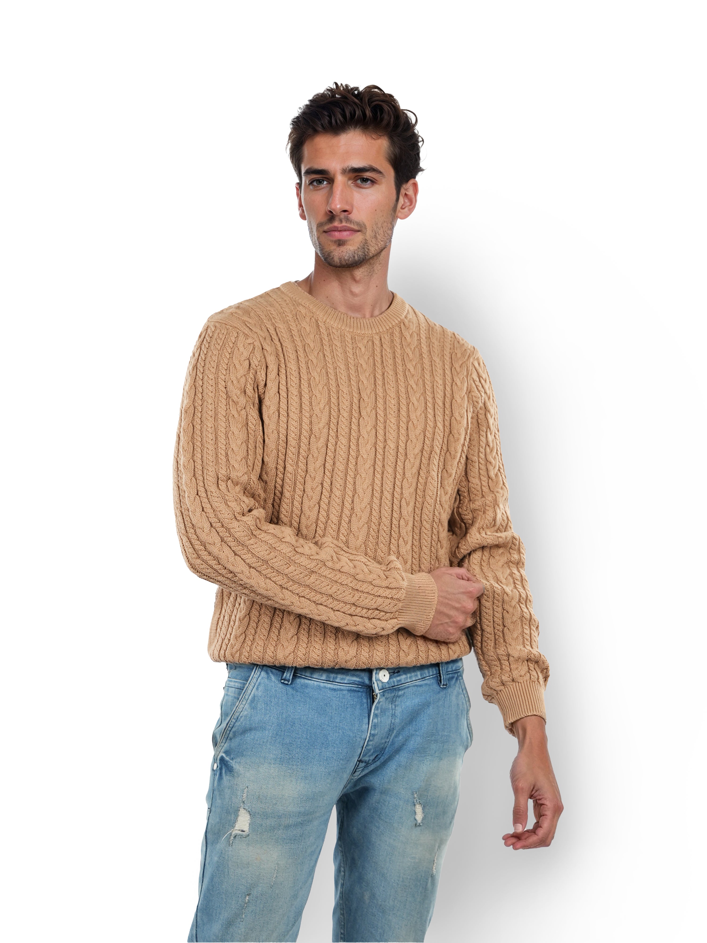 Beige Solid Cotton Sweater