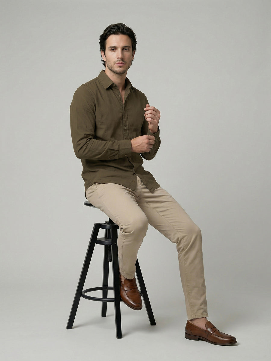 Celio Mens Olive Solid Regular Fit Cotton Shirts