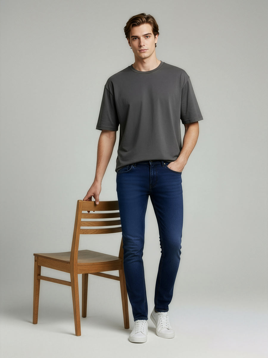 Celio Mens Blue Knit | Dobby Slim Fit Cotton Jeans