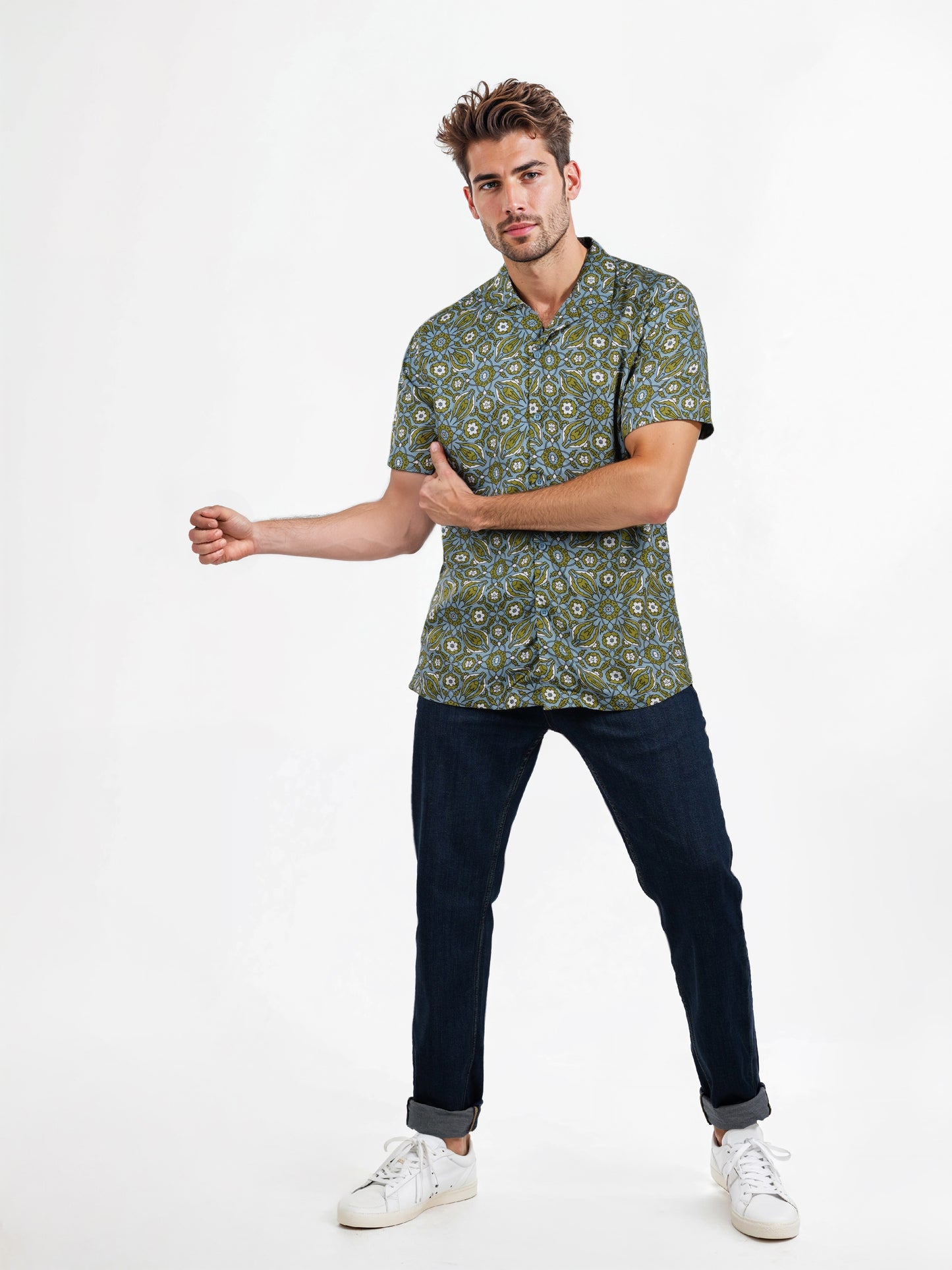 Celio* Floral Regular Fit Viscose Green Shirt