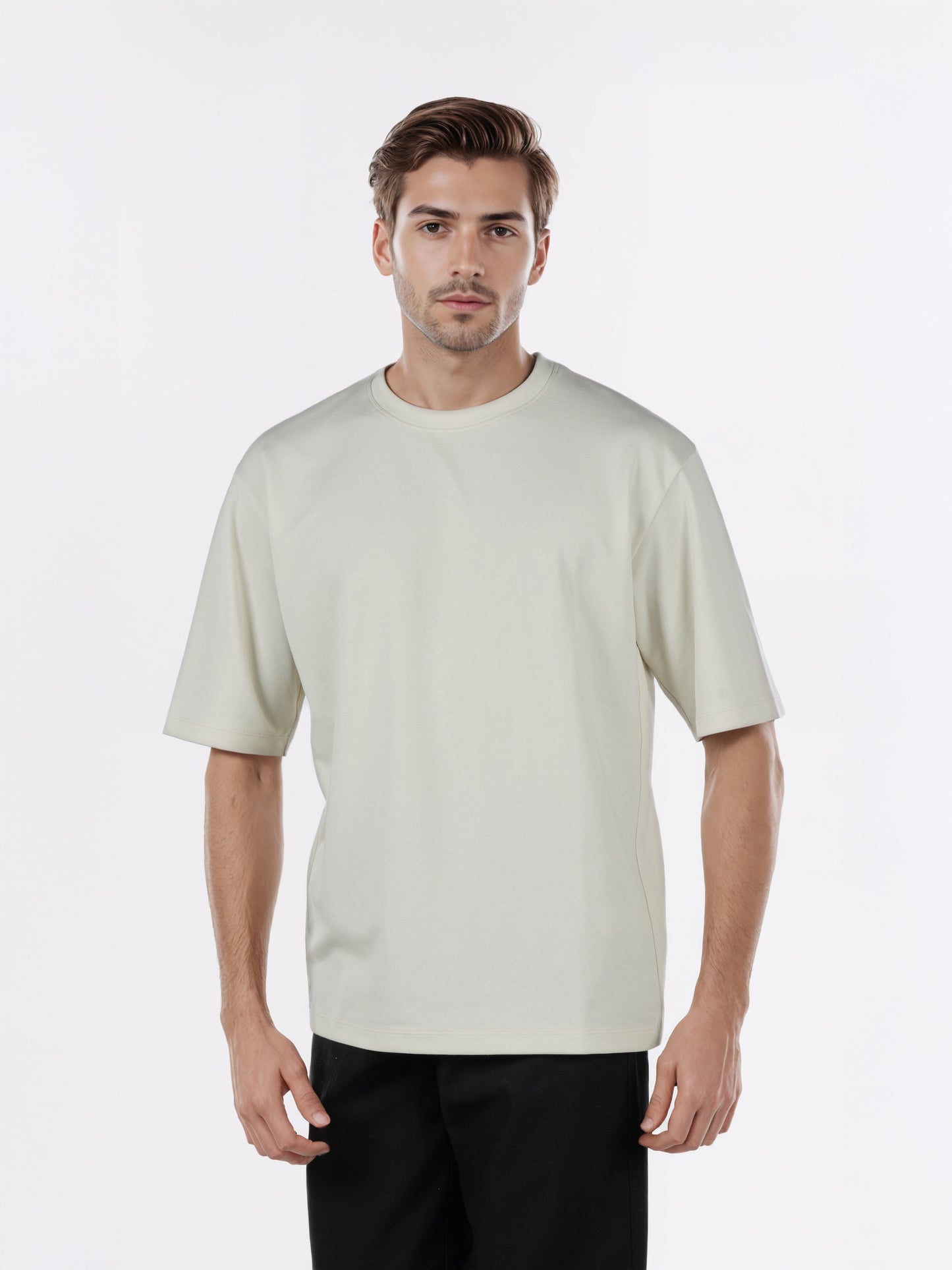 Celio* Men Cream Solid Oversized Cotton-Blend T-Shirts
