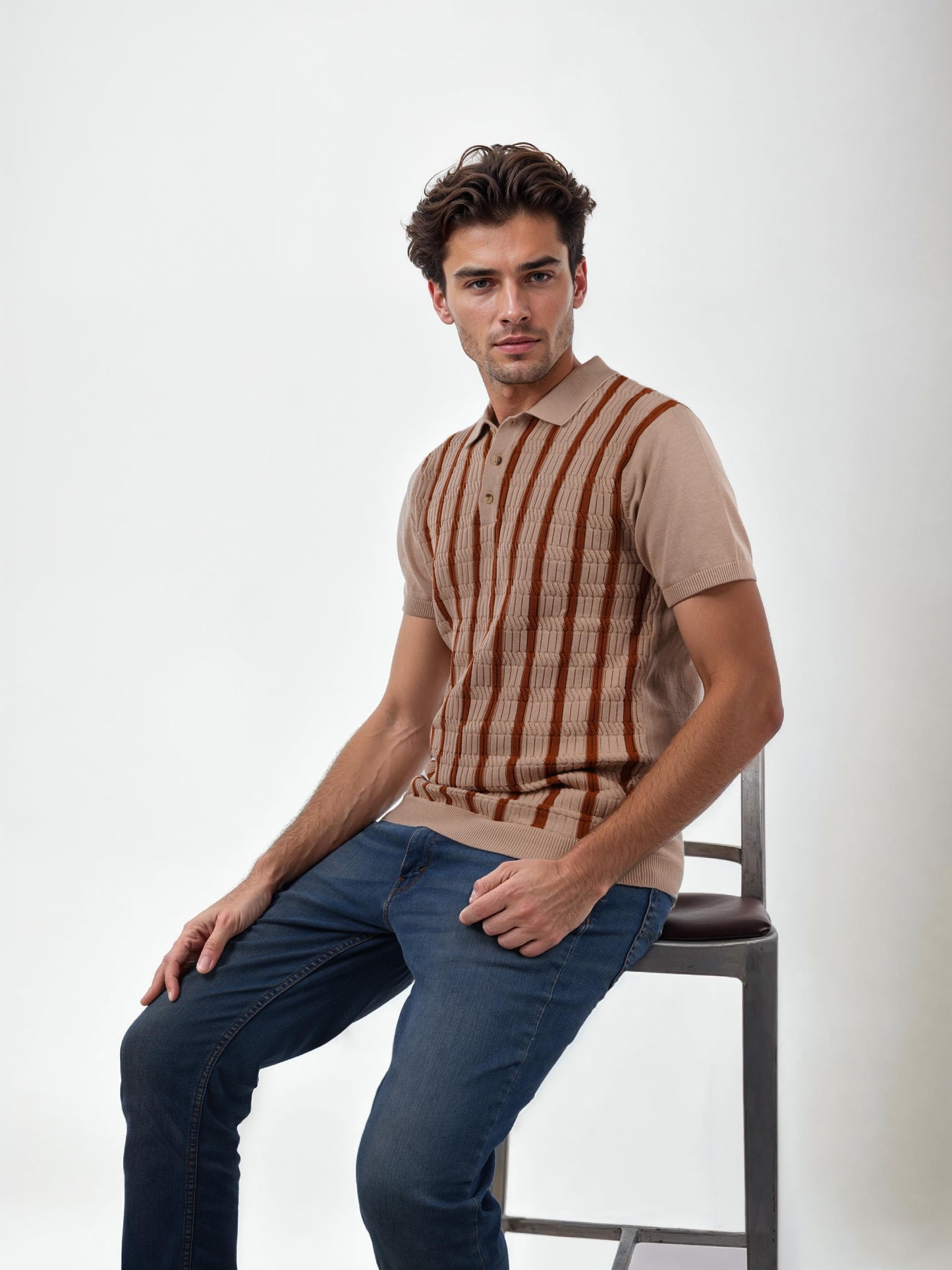 Brown Striped Cotton Polo