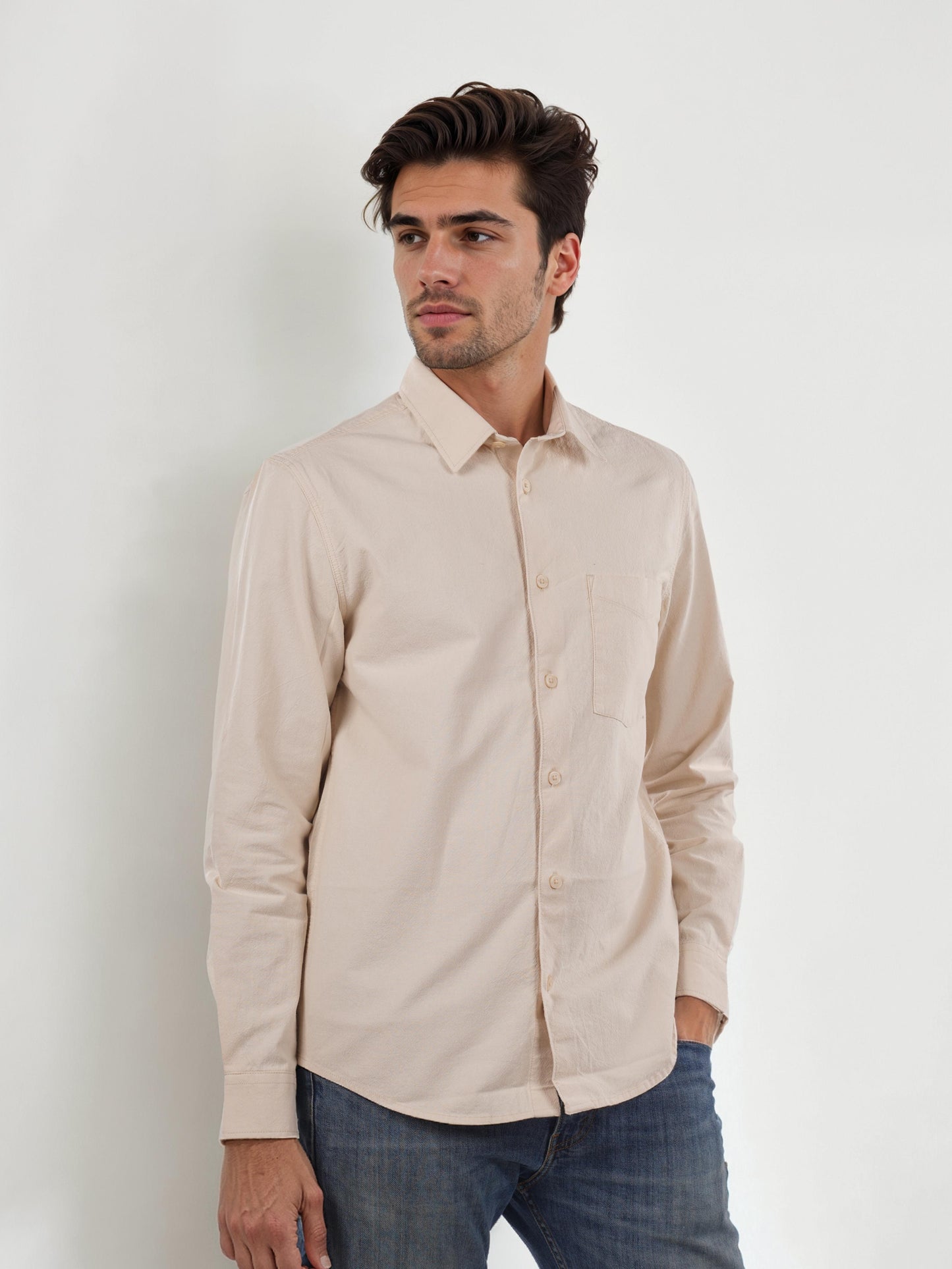 Beige Solid Cotton Shirt