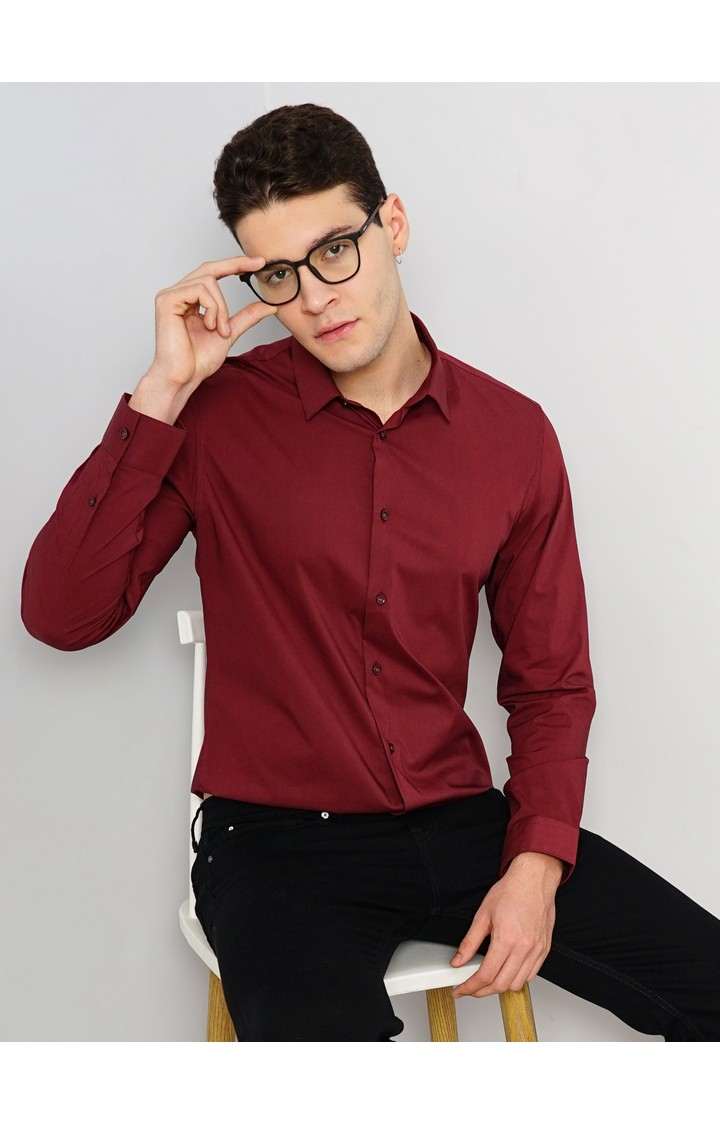 Celio* Solid Regular Fit Cotton-Blend Red Shirt