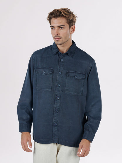 Celio* Men Navy Blue Solid Overshirt Cotton-Tencel-Blend Shirts