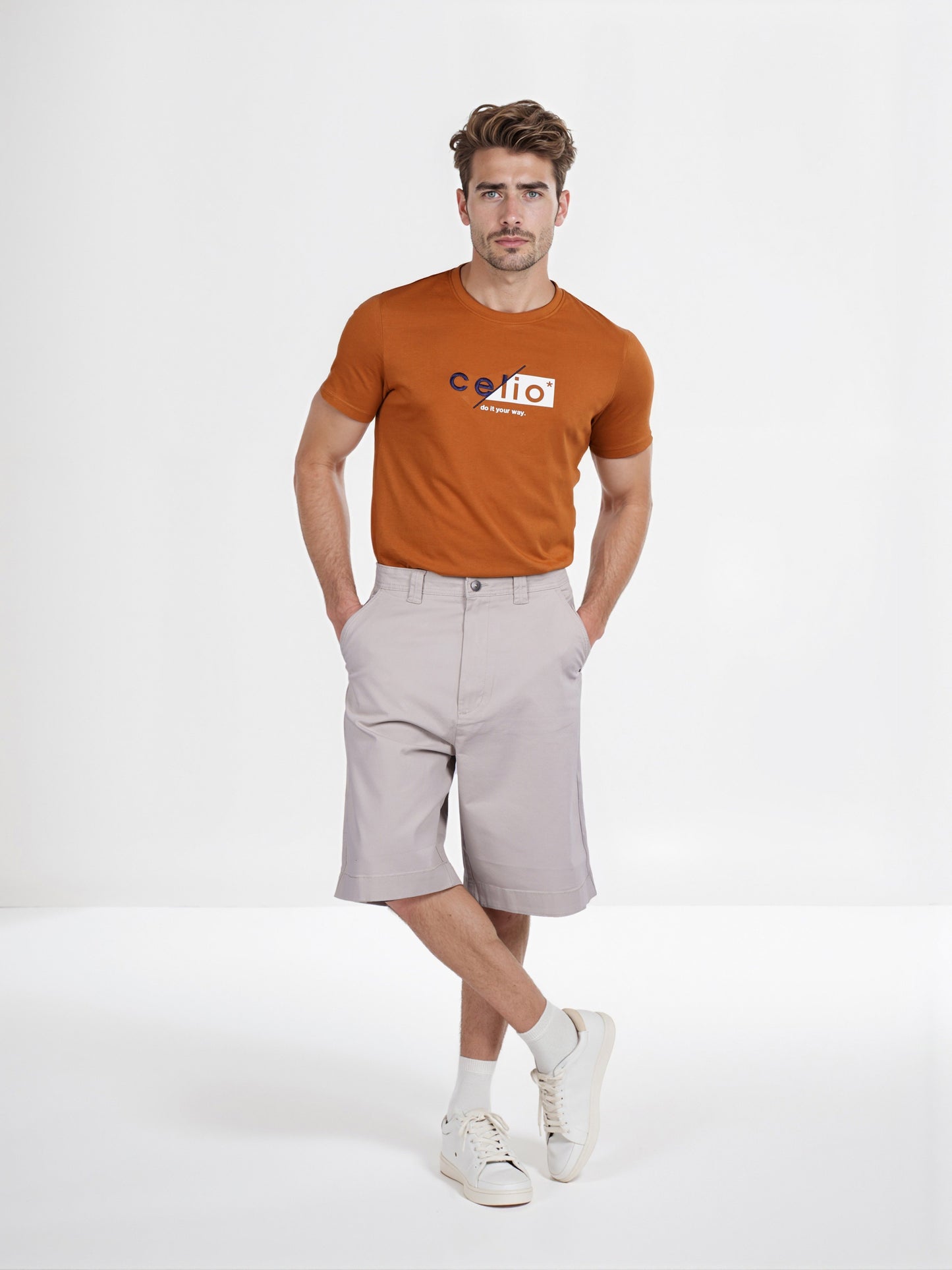Celio* Cotton Regular Fit Beige Bermuda
