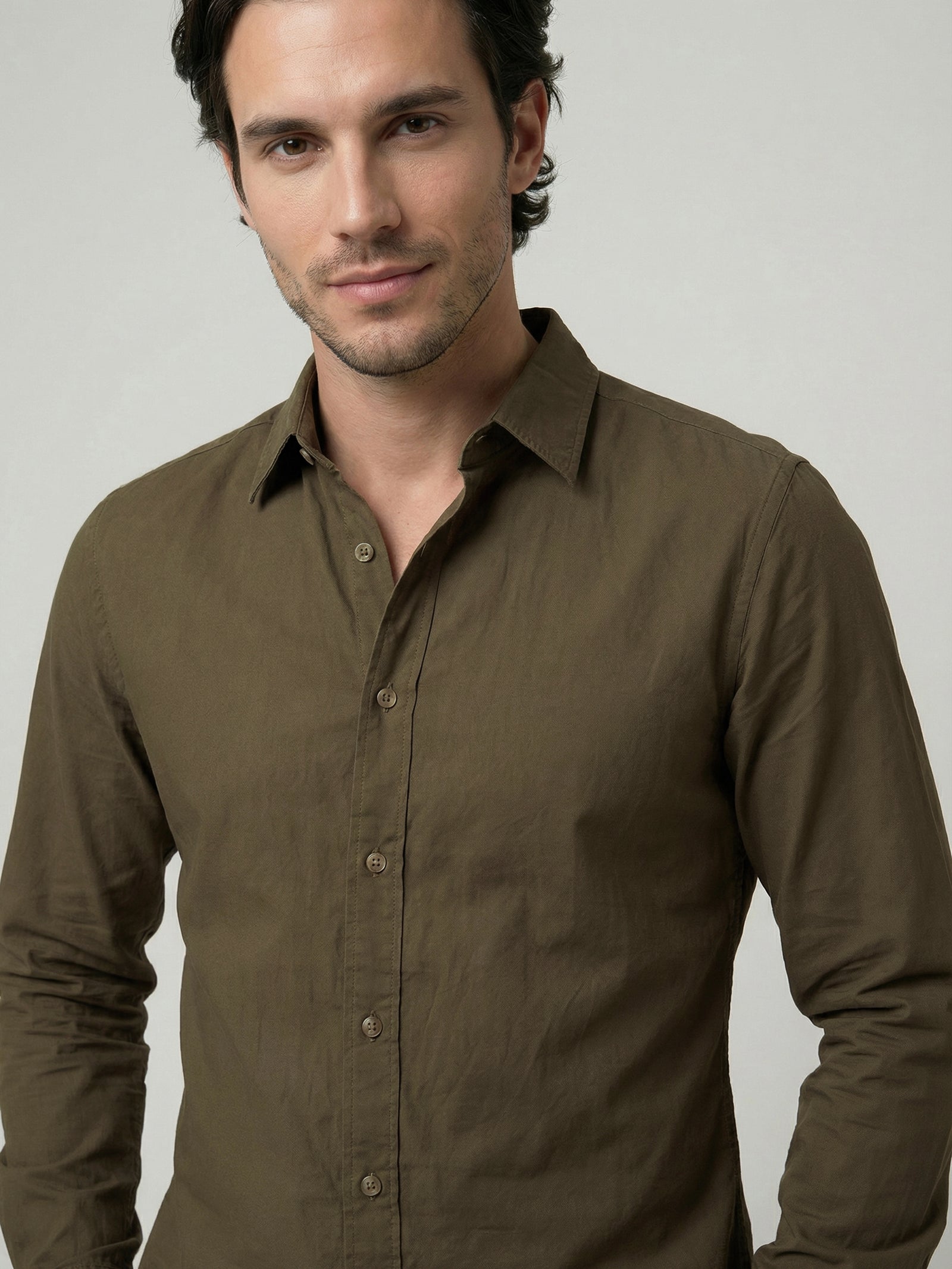 Celio Mens Olive Solid Regular Fit Cotton Shirts