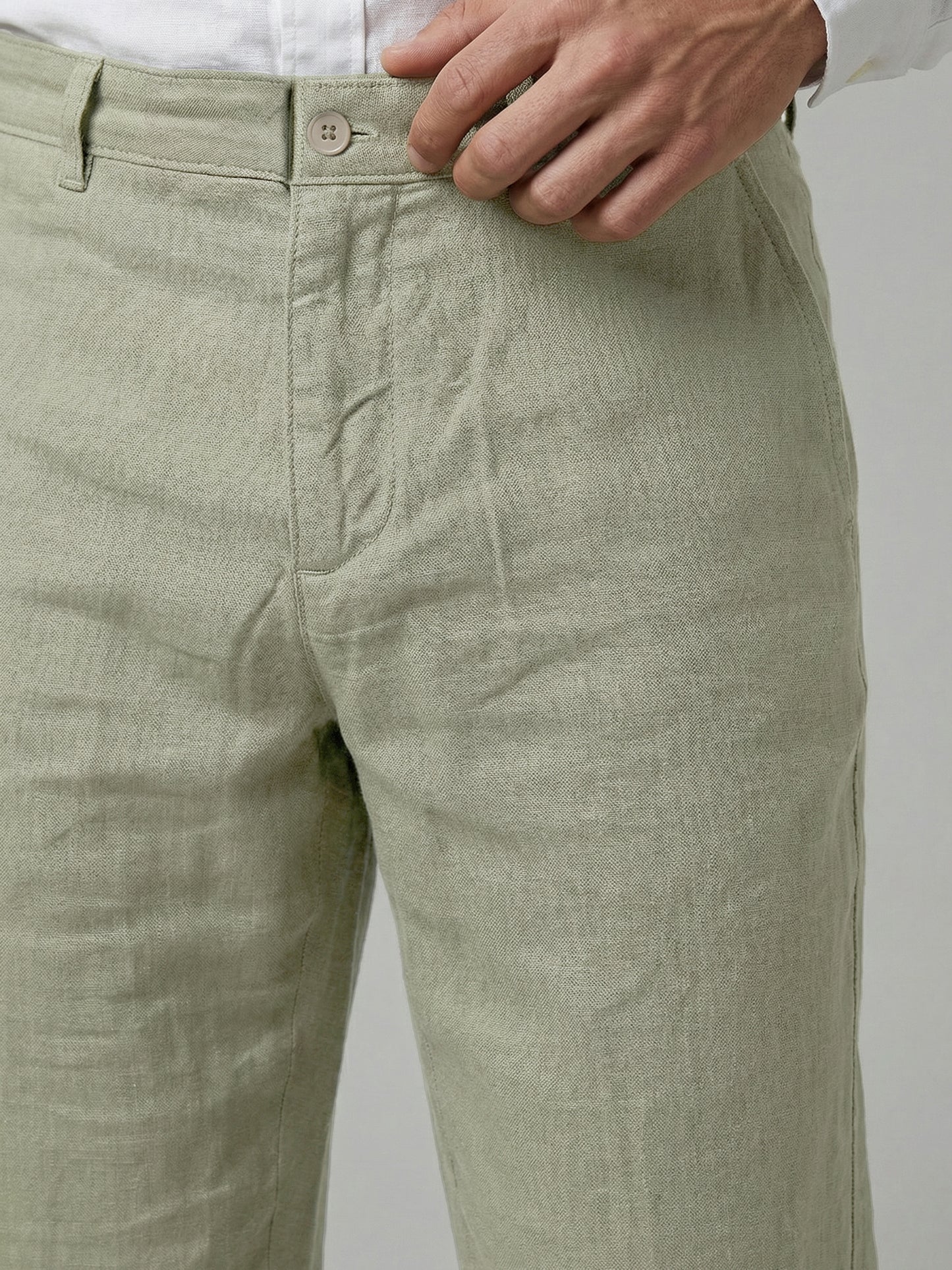 Celio Mens Green Solid Straight Fit Linen Casual Trouser