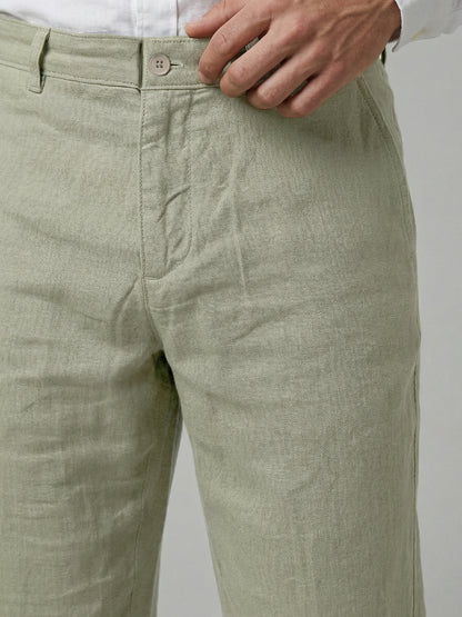 Celio Mens Green Solid Straight Fit Linen Casual Trouser
