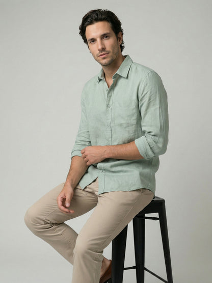 Celio Mens Green Solid Regular Fit Linen Shirts