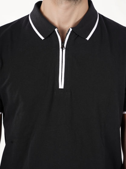 Black Solid Cotton Polo