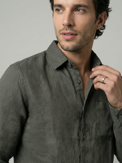 Celio Mens Khaki Solid Regular Fit Linen Shirts